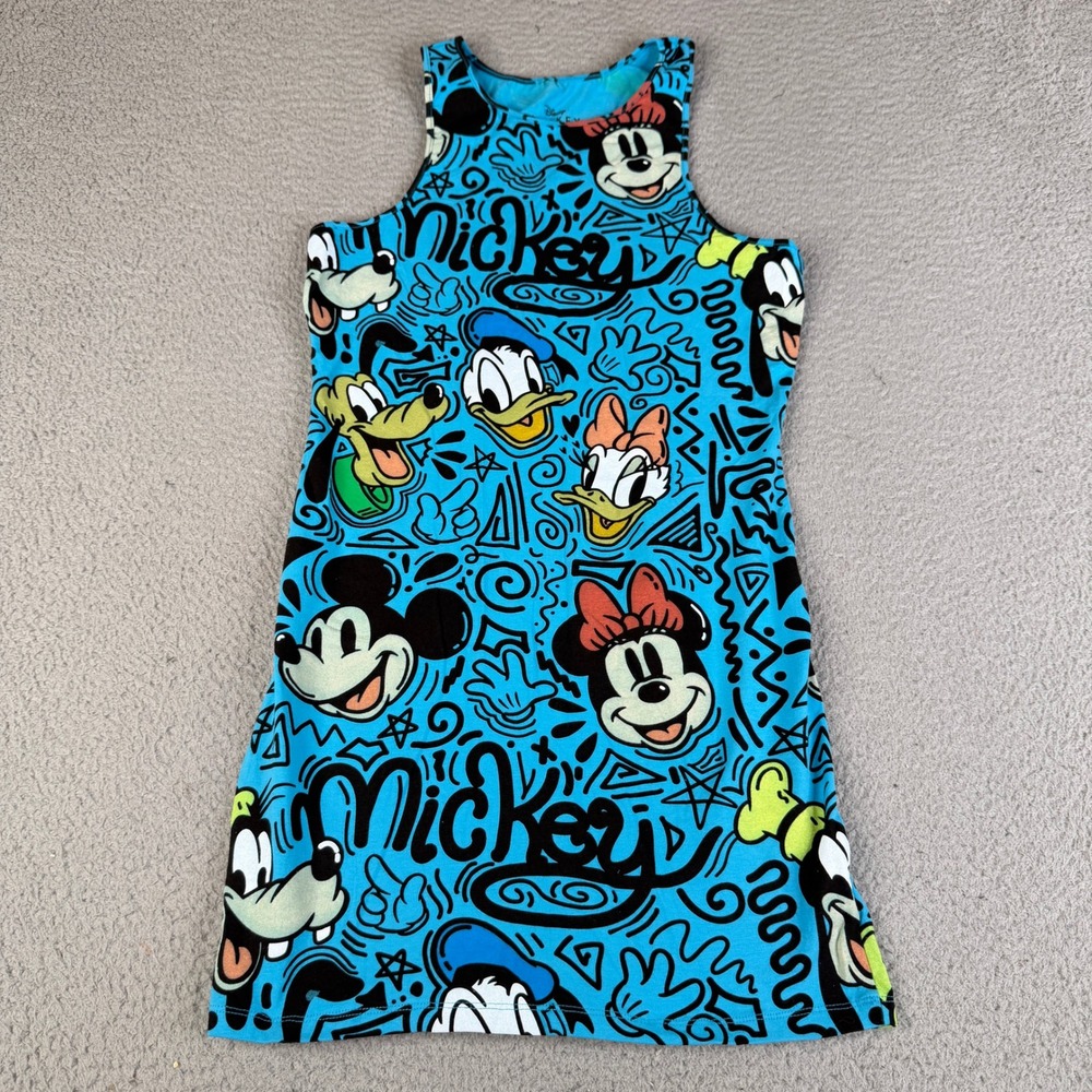 Disney Dress Girls XL Blue Mickey Mouse Friends Graffiti Print Sleeveless Shift